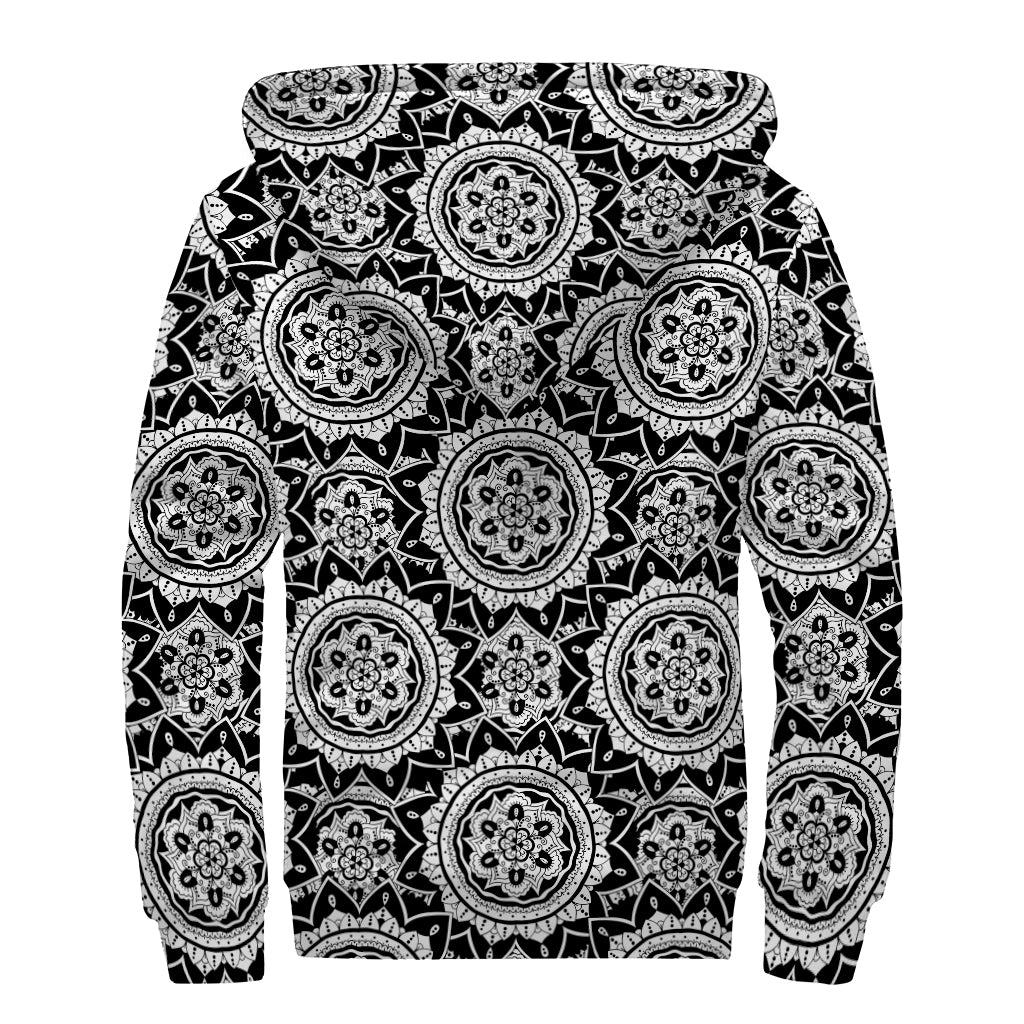 Black And White Boho Mandala Print Sherpa Lined Zip Up Hoodie