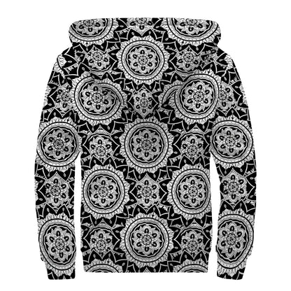 Black And White Boho Mandala Print Sherpa Lined Zip Up Hoodie