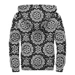 Black And White Boho Mandala Print Sherpa Lined Zip Up Hoodie