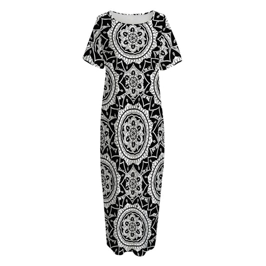 Black And White Boho Mandala Print Short Sleeve Long Nightdress