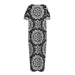Black And White Boho Mandala Print Short Sleeve Long Nightdress