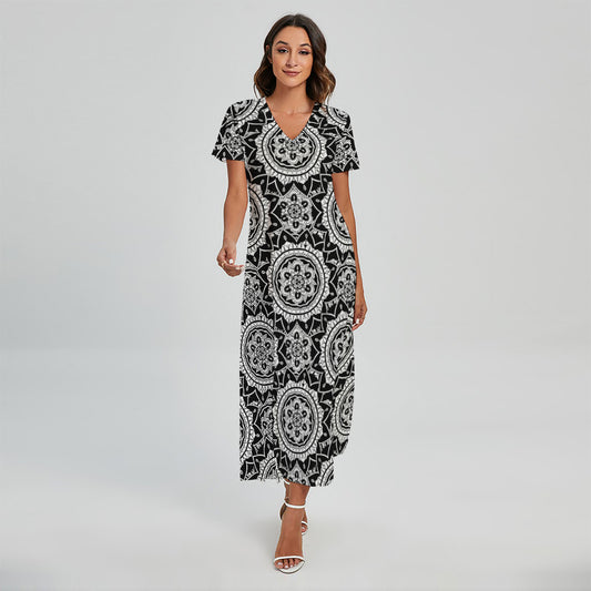 Black And White Boho Mandala Print Short Sleeve Maxi Dress