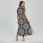 Black And White Boho Mandala Print Short Sleeve Maxi Dress