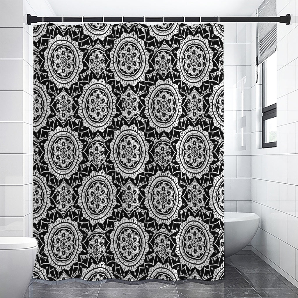 Black And White Boho Mandala Print Shower Curtain