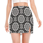 Black And White Boho Mandala Print Side Slit Mini Skirt