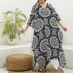 Black And White Boho Mandala Print Silk V-Neck Kaftan Dress