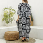 Black And White Boho Mandala Print Silk V-Neck Kaftan Dress