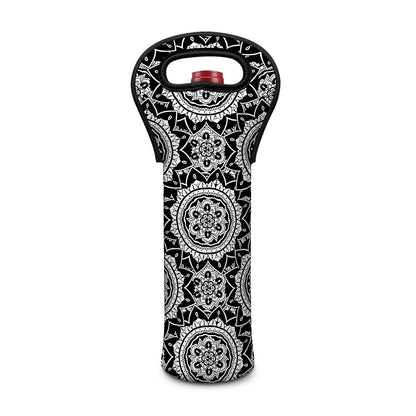 Black And White Boho Mandala Print Single Neoprene Wine Tote