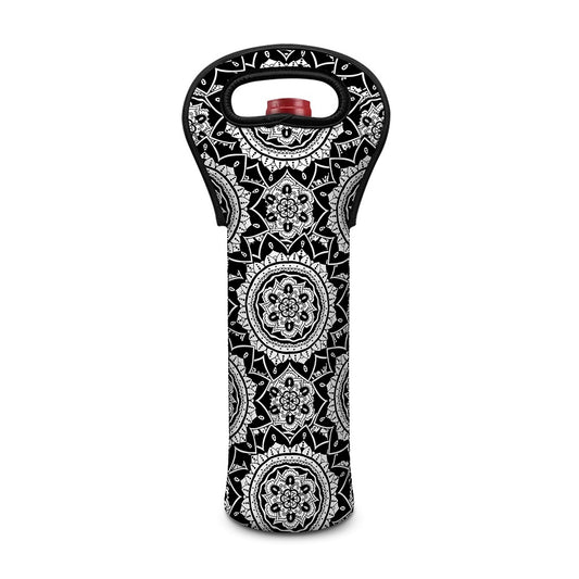 Black And White Boho Mandala Print Single Neoprene Wine Tote