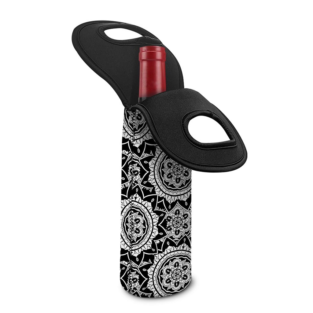 Black And White Boho Mandala Print Single Neoprene Wine Tote