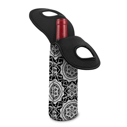 Black And White Boho Mandala Print Single Neoprene Wine Tote
