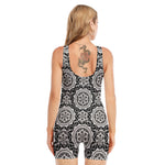 Black And White Boho Mandala Print Sleeveless One Piece Swimsuit