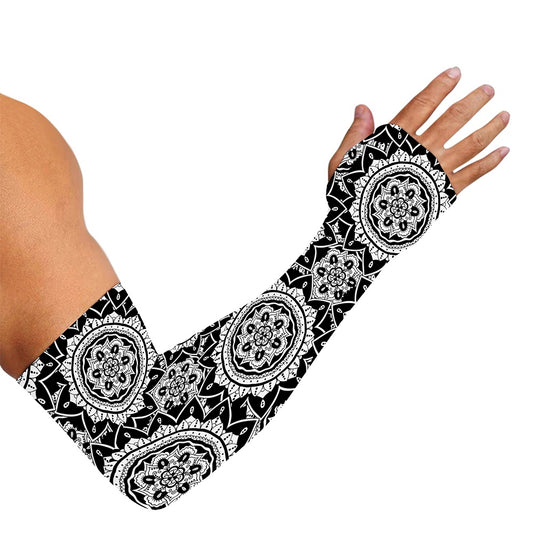 Black And White Boho Mandala Print Sun Protection Arm Sleeves