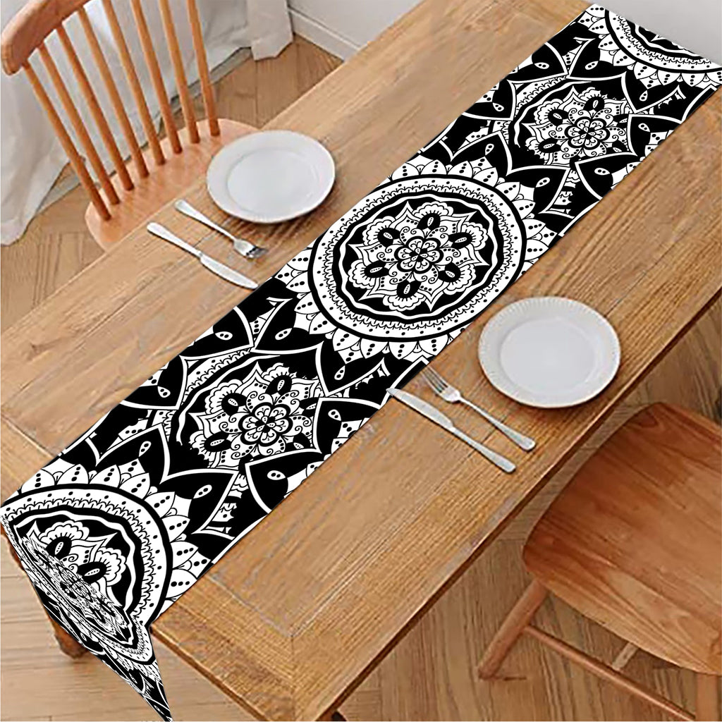 Black And White Boho Mandala Print Table Runner