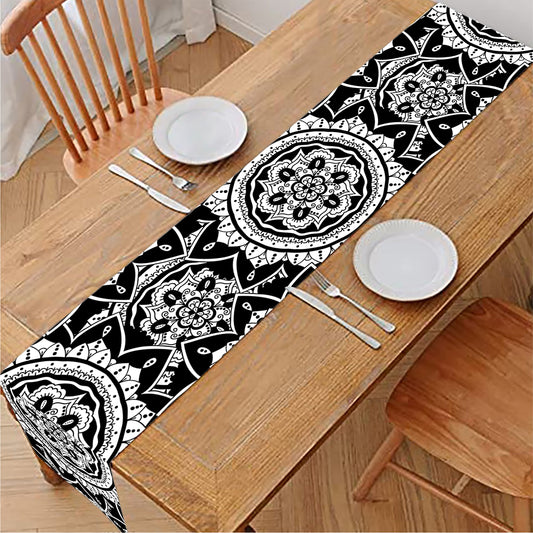 Black And White Boho Mandala Print Table Runner