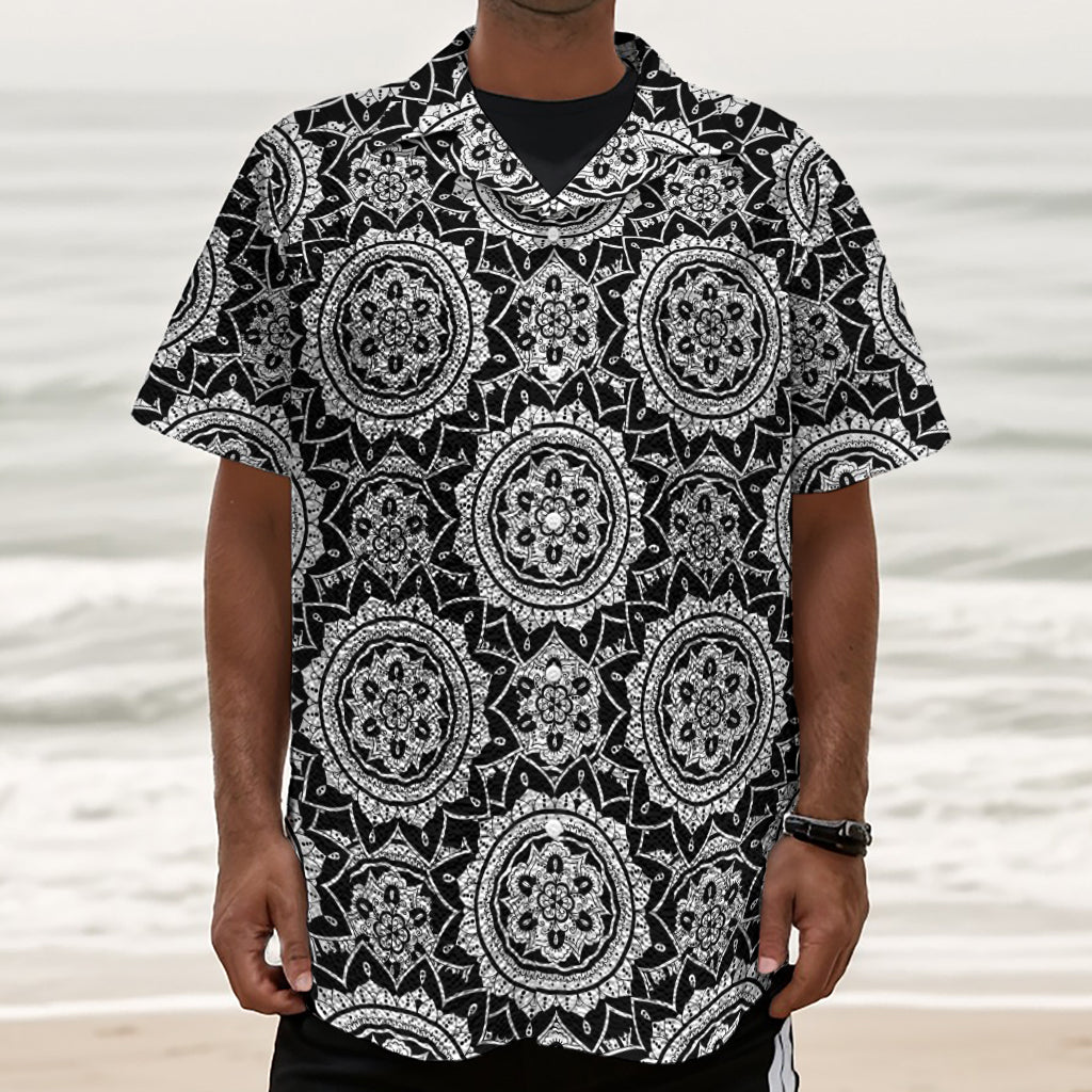 Black And White Boho Mandala Print Textured Short Sleeve Shirt