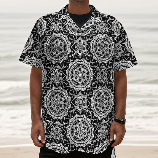 Black And White Boho Mandala Print Textured Short Sleeve Shirt