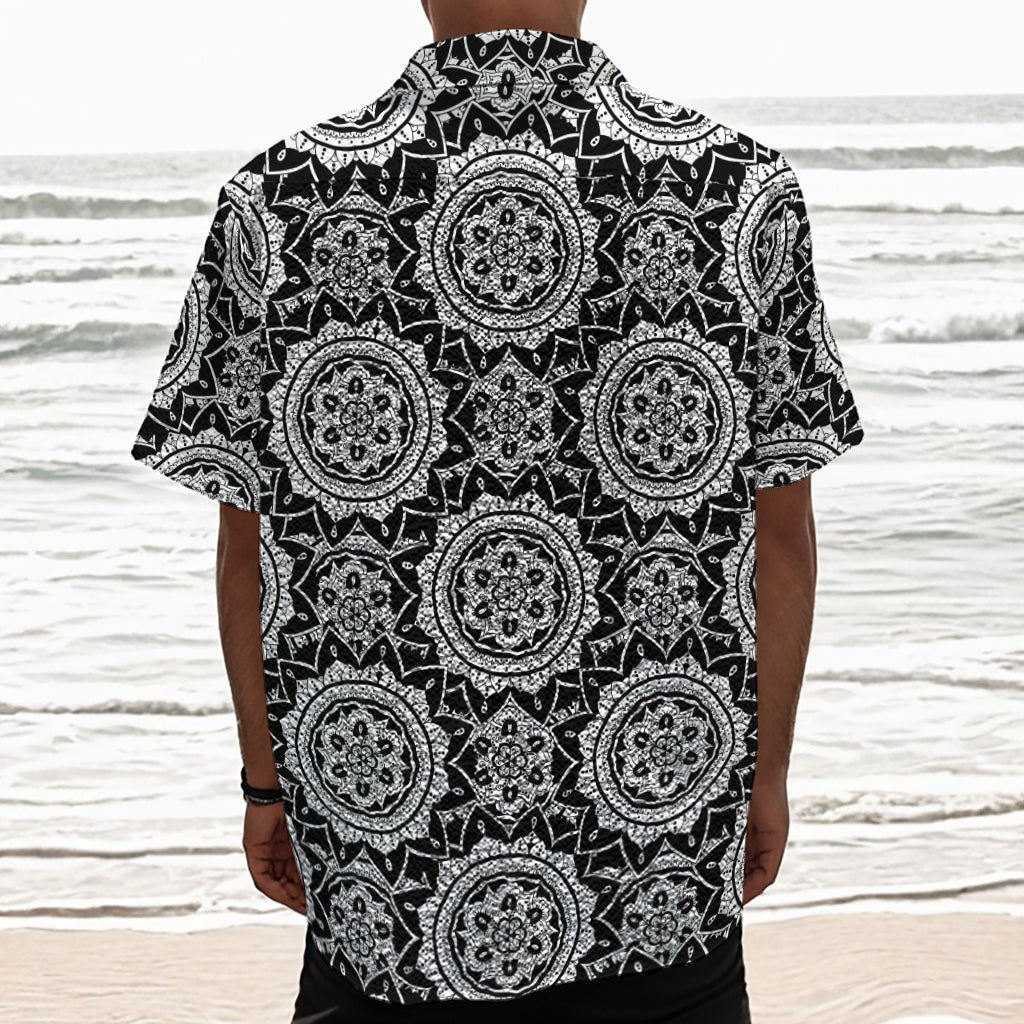 Black And White Boho Mandala Print Textured Short Sleeve Shirt