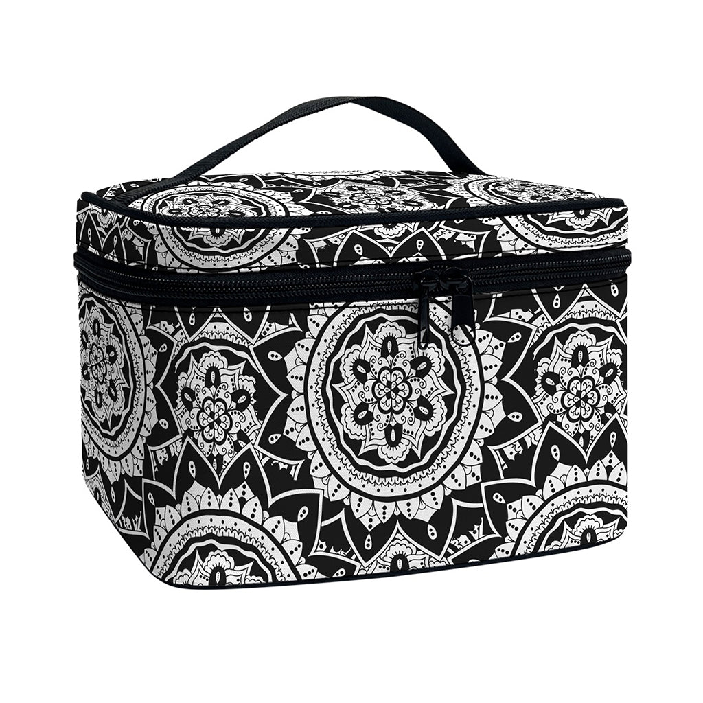Black And White Boho Mandala Print Travel Makeup Bag