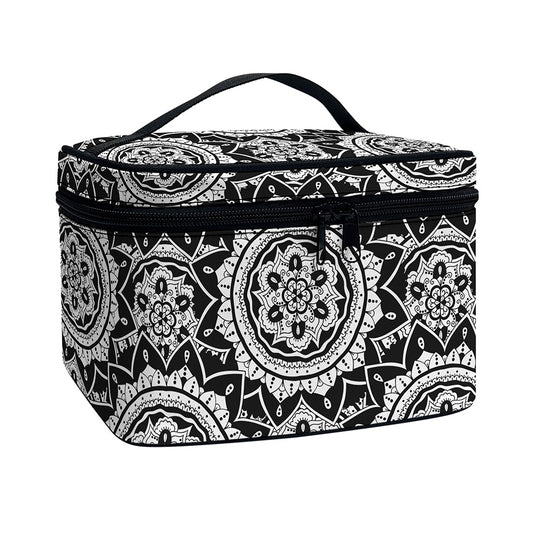 Black And White Boho Mandala Print Travel Makeup Bag