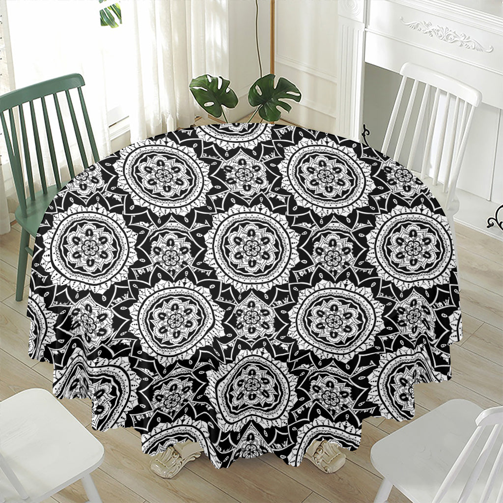 Black And White Boho Mandala Print Waterproof Round Tablecloth