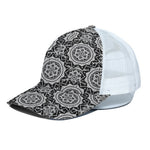 Black And White Boho Mandala Print White Mesh Trucker Cap