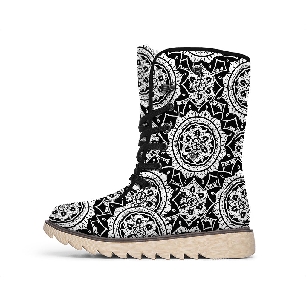 Black And White Boho Mandala Print Winter Boots