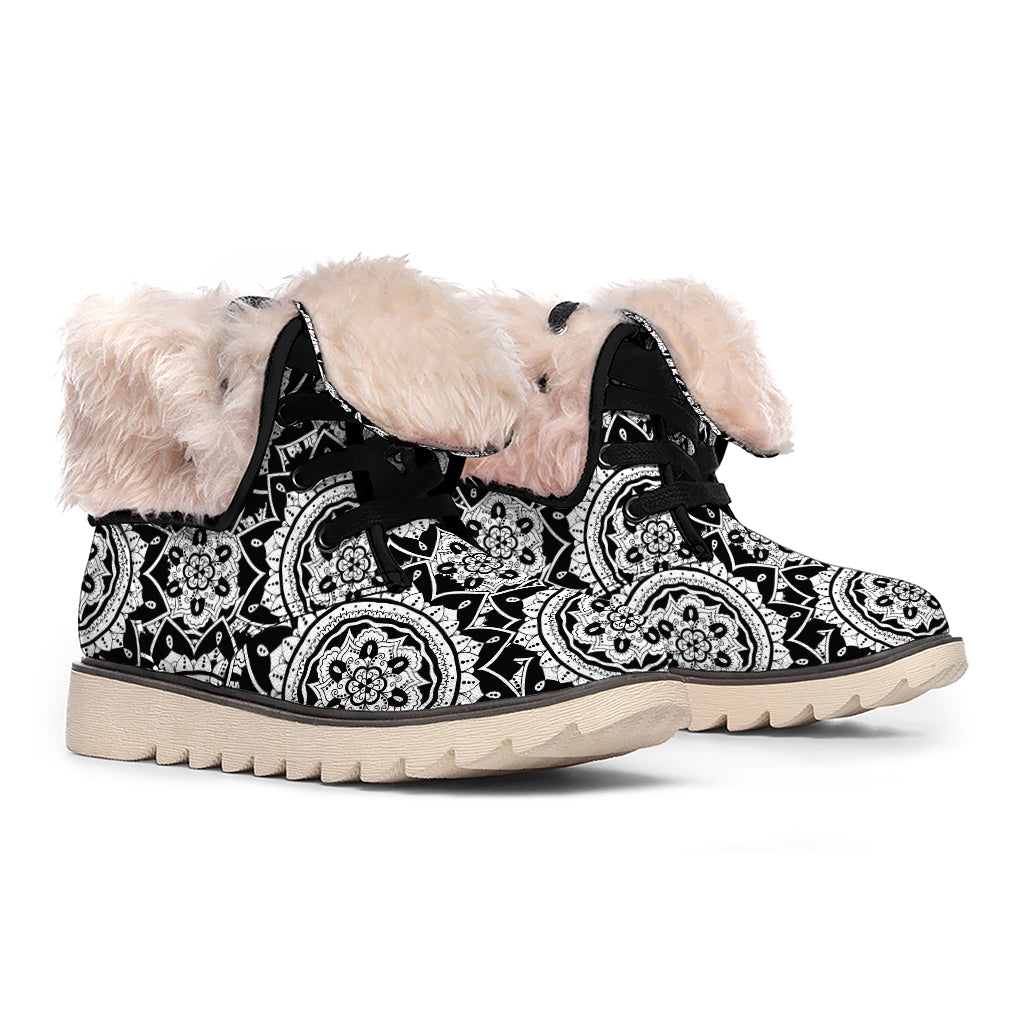 Black And White Boho Mandala Print Winter Boots