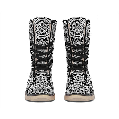 Black And White Boho Mandala Print Winter Boots