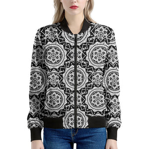 Black And White Boho Mandala Print Women's Bomber Jacket