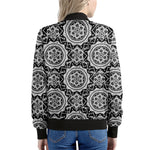 Black And White Boho Mandala Print Women's Bomber Jacket