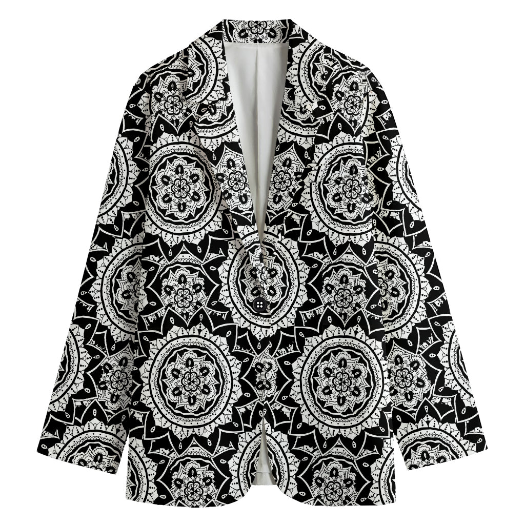 Black And White Boho Mandala Print Women's Cotton Blazer