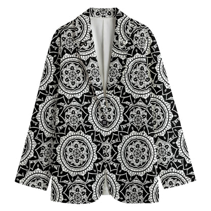 Black And White Boho Mandala Print Women's Cotton Blazer