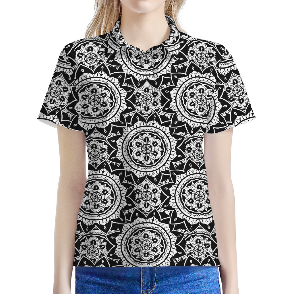 Black And White Boho Mandala Print Women's Polo Shirt
