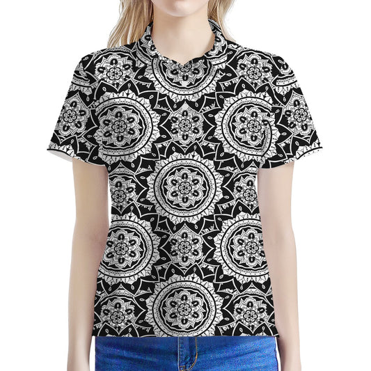 Black And White Boho Mandala Print Women's Polo Shirt