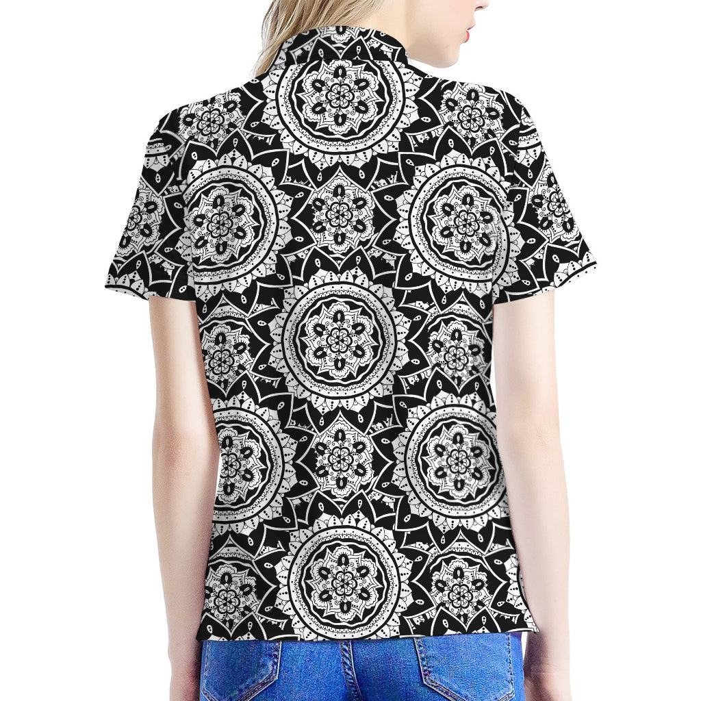 Black And White Boho Mandala Print Women's Polo Shirt