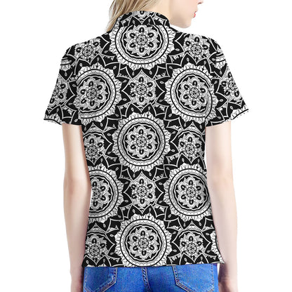 Black And White Boho Mandala Print Women's Polo Shirt