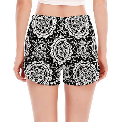 Black And White Boho Mandala Print Women's Split Running Shorts