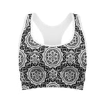 Black And White Boho Mandala Print Women's Sports Bra