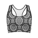 Black And White Boho Mandala Print Women's Sports Bra