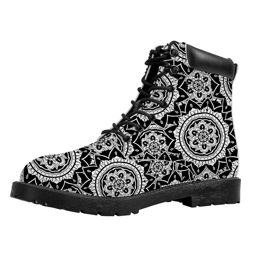 Black And White Boho Mandala Print Work Boots
