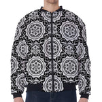 Black And White Boho Mandala Print Zip Sleeve Bomber Jacket