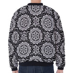 Black And White Boho Mandala Print Zip Sleeve Bomber Jacket