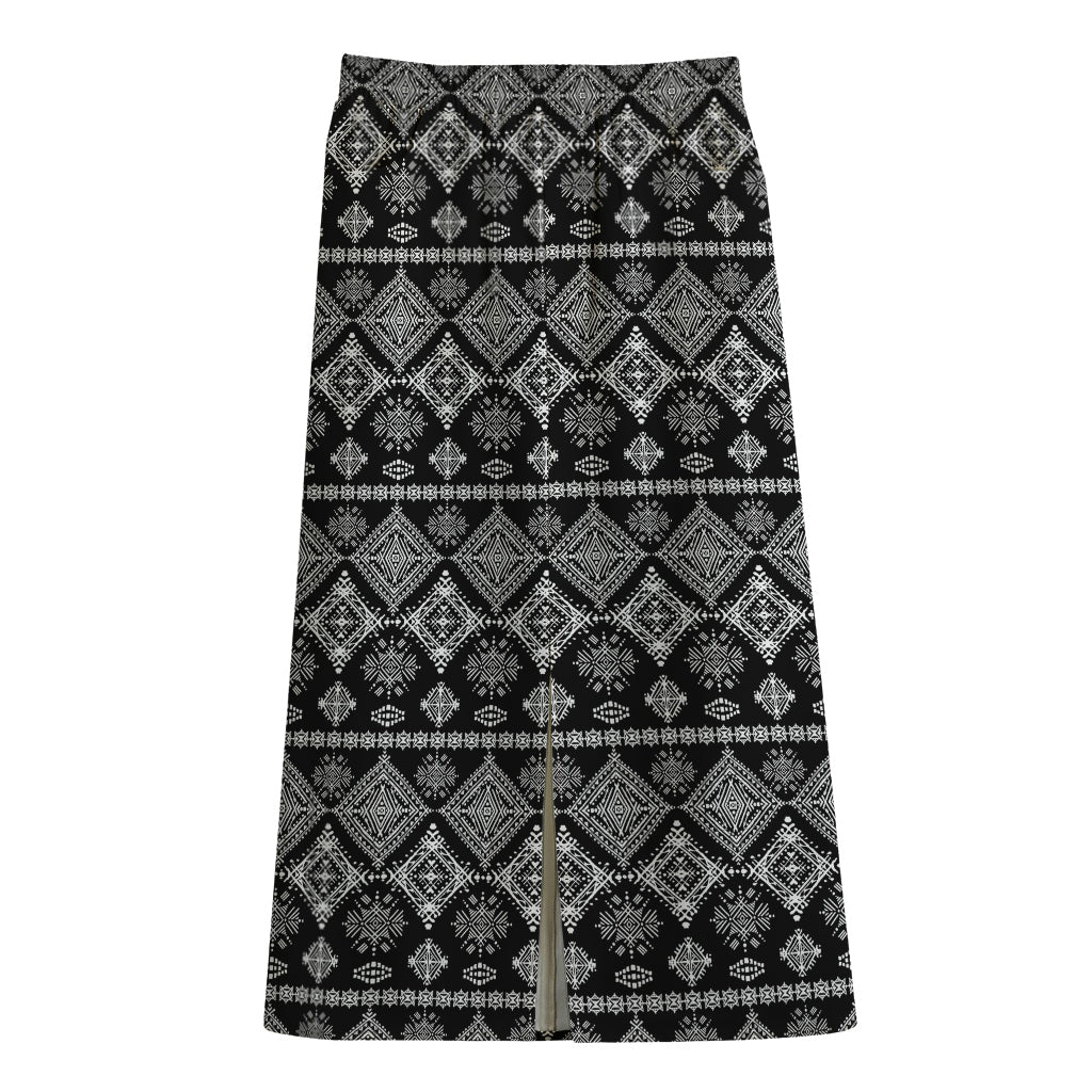 Black And White Boho Tribal Print Cotton Front Slit Maxi Skirt
