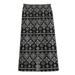 Black And White Boho Tribal Print Cotton Front Slit Maxi Skirt