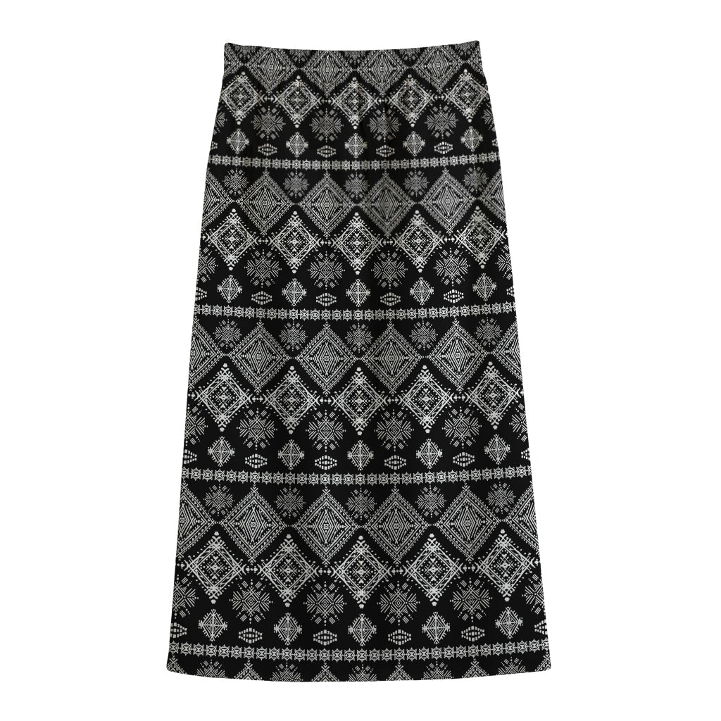 Black And White Boho Tribal Print Cotton Front Slit Maxi Skirt