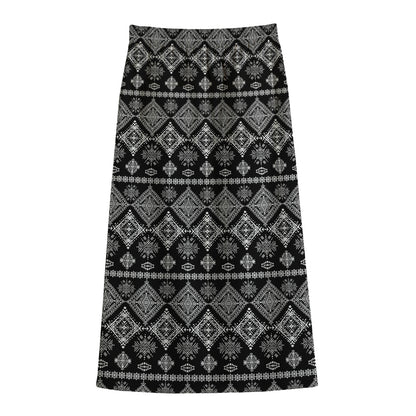 Black And White Boho Tribal Print Cotton Front Slit Maxi Skirt