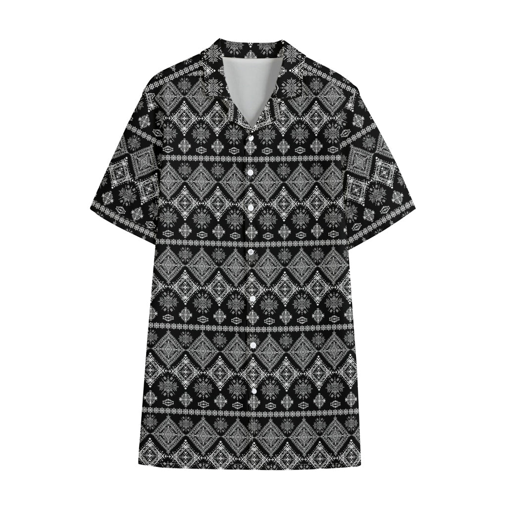 Black And White Boho Tribal Print Cotton Hawaiian Shirt