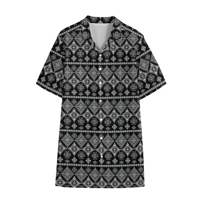 Black And White Boho Tribal Print Cotton Hawaiian Shirt