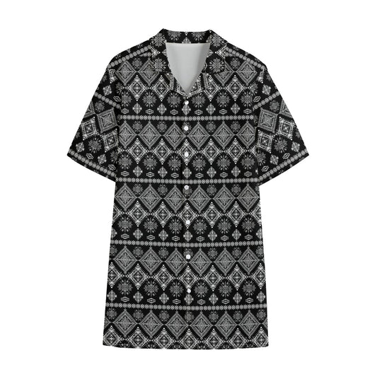 Black And White Boho Tribal Print Cotton Hawaiian Shirt